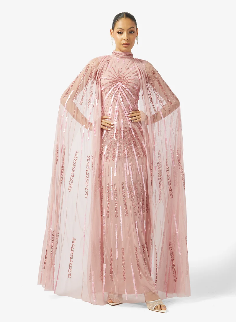 Namshi x Bead Embellished Evening Gown with Cape Sleeves